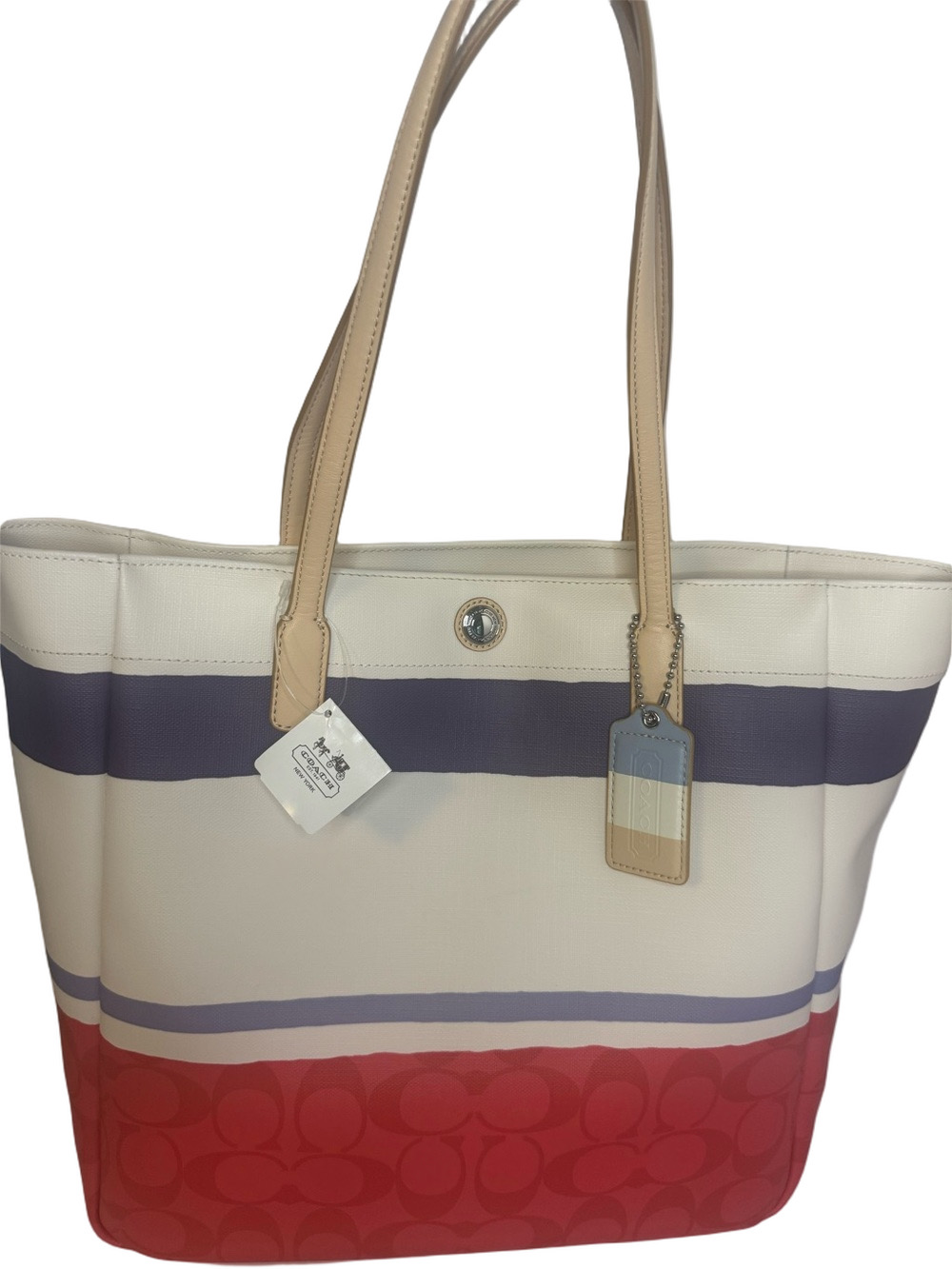 Coach NWT Legacy Signature Painted Strip PVC Canvas w/ Leather Large Tote Bag